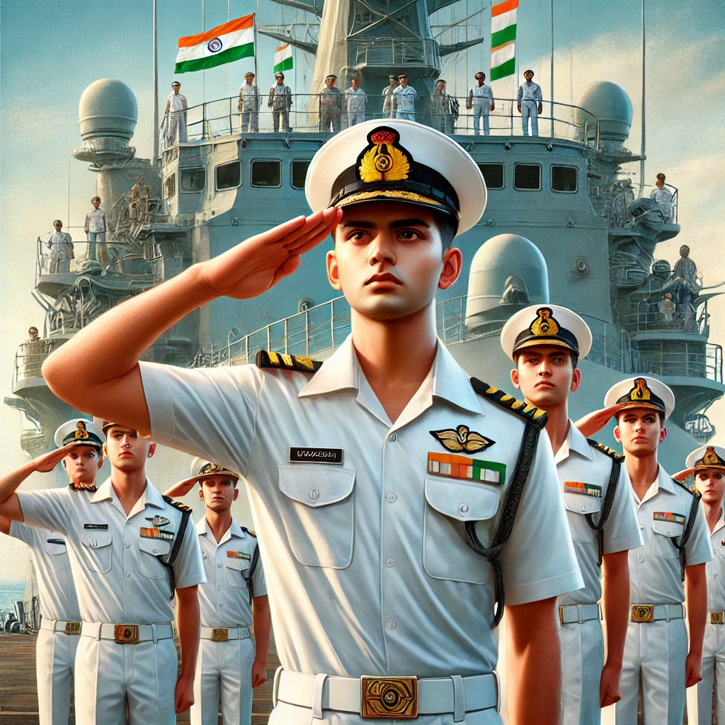 DALL·E 2025-03-22 19.47.46 - A realistic illustration of Indian Navy Agniveer recruits in uniform standing on a naval ship deck, saluting with a proud expression. The background f